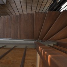 Zavesné schody so stupňovitou schodnicou pokračujú obkladom betónových stupňov.Morený dub. Viničné